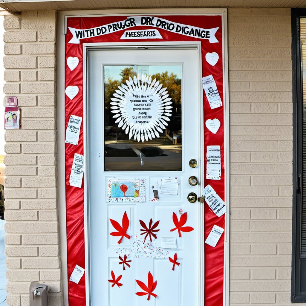 red ribbon wrapped door with white anti drug texts
