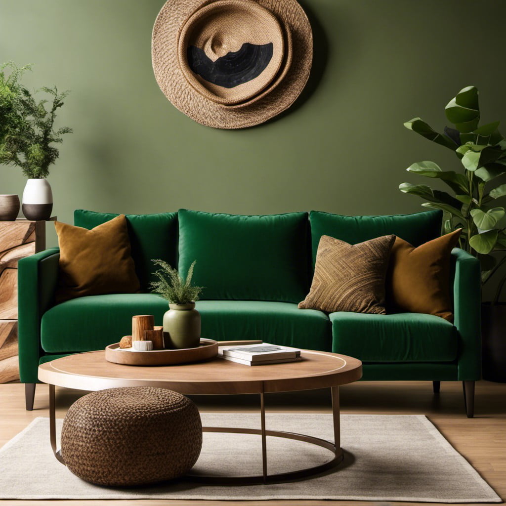 rich green couch with earth tone throw pillows