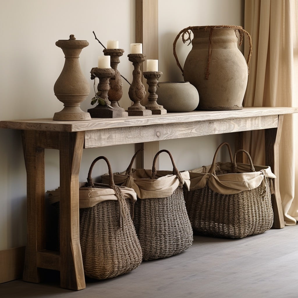 rustic decor with wicker baskets underneath