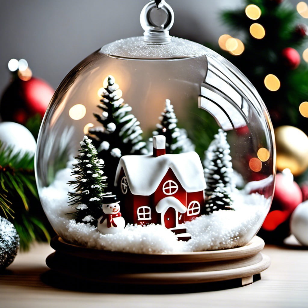 snowy scene in glass terrariums