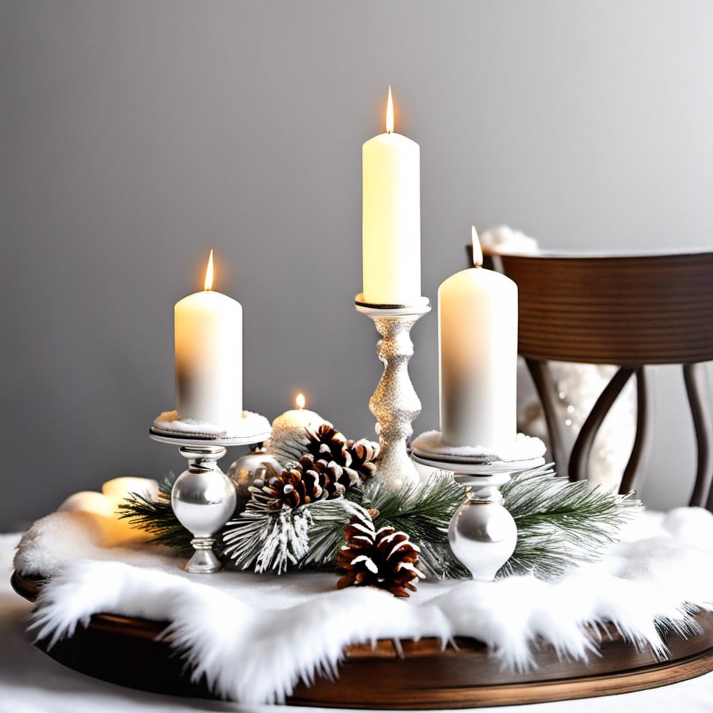 snowy tablecloth or white faux fur table overlay