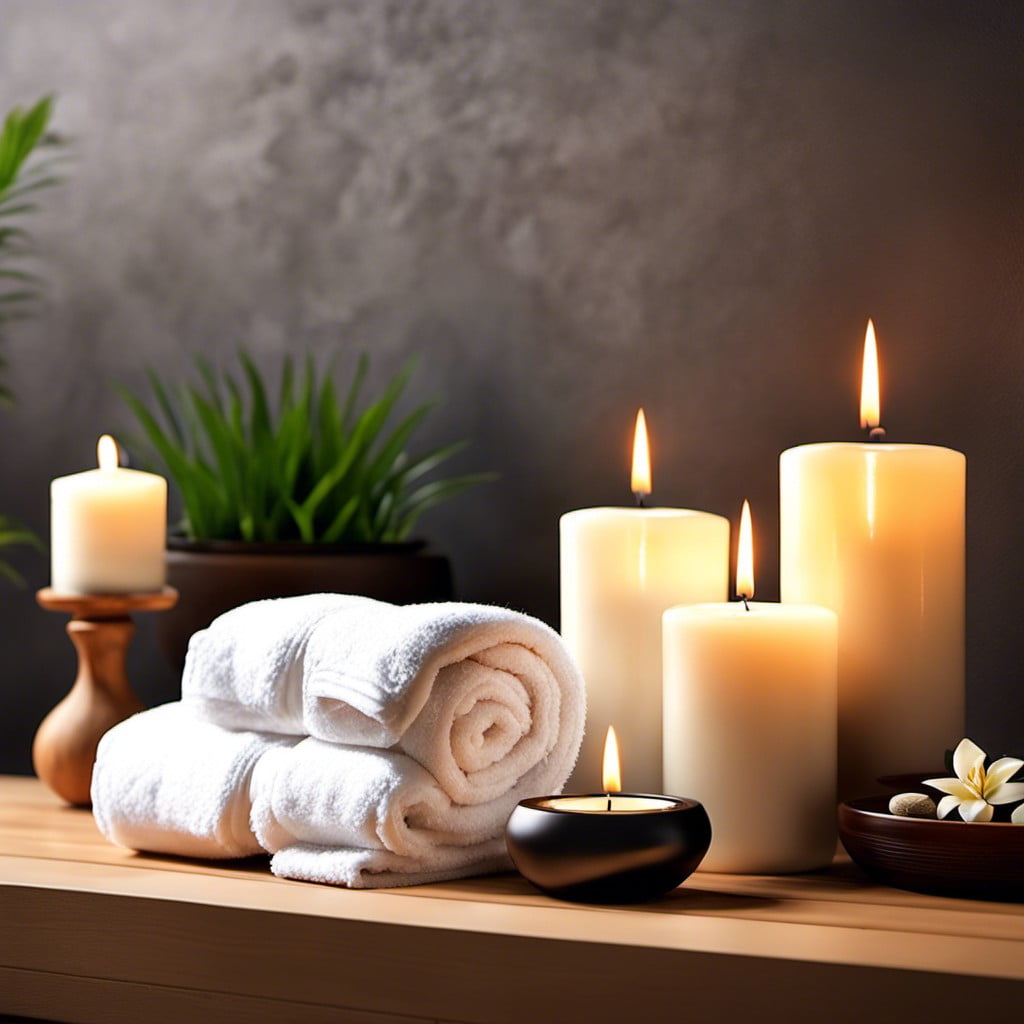 spa themed using white towels and candles