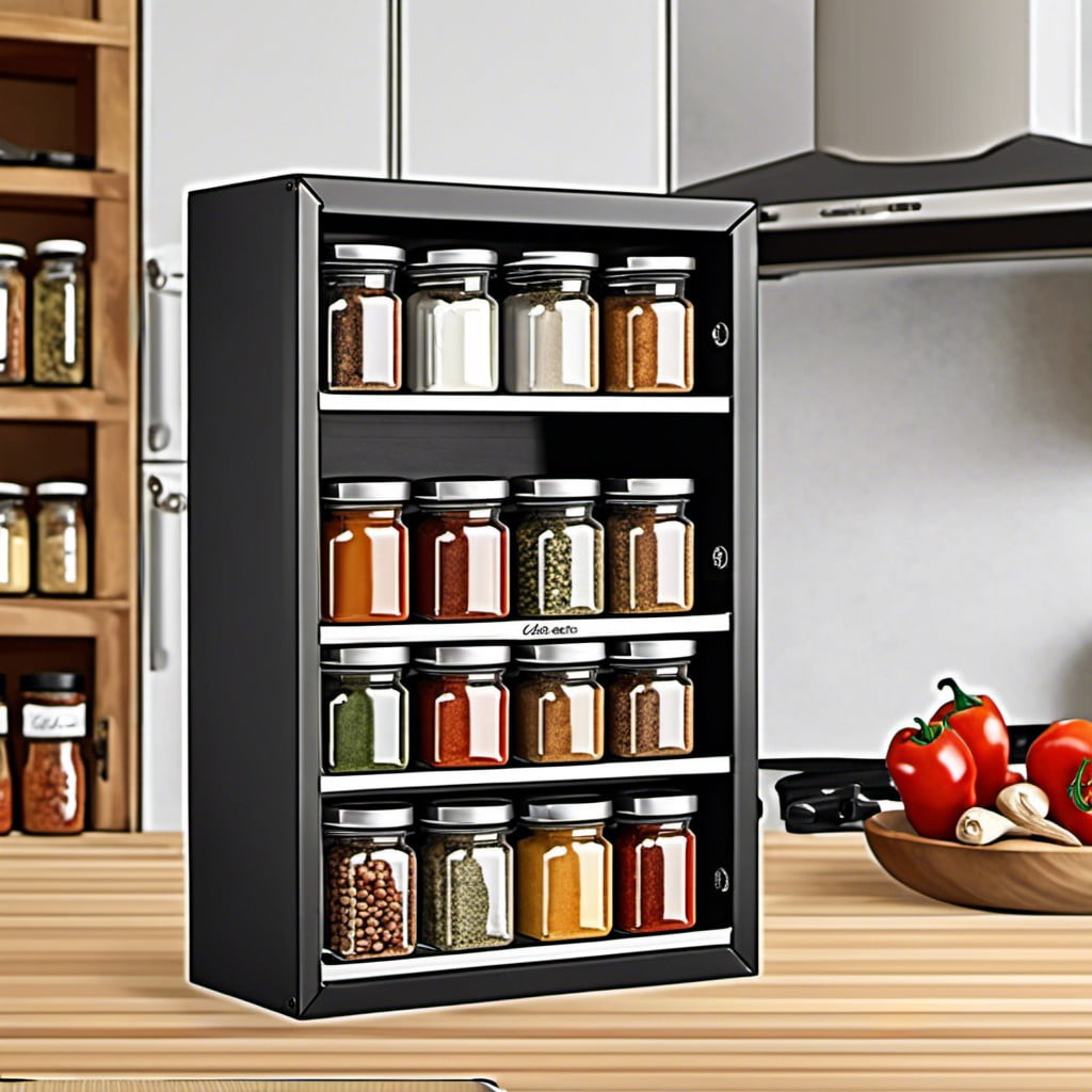 spice rack with labeled jars