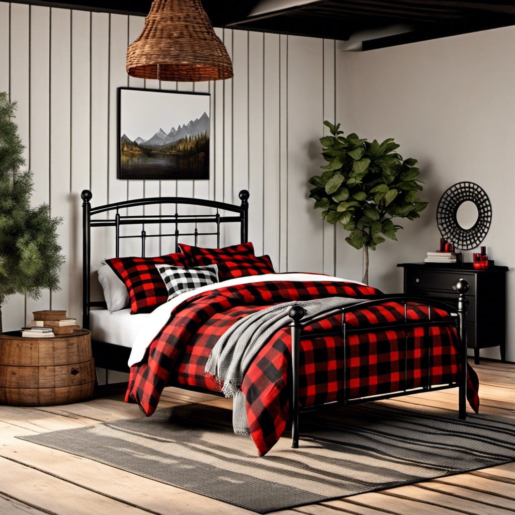 use red and black checked bedding for a rustic look