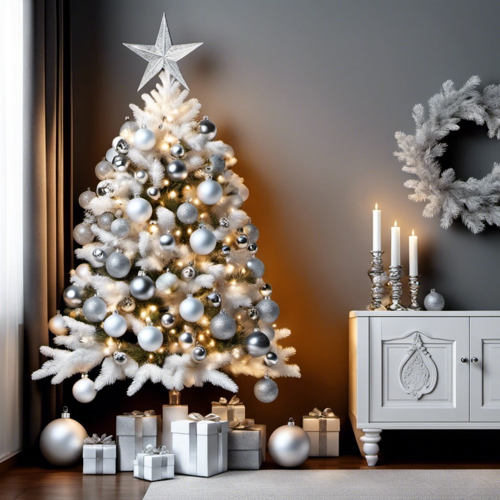 white christmas tree with silver ornaments