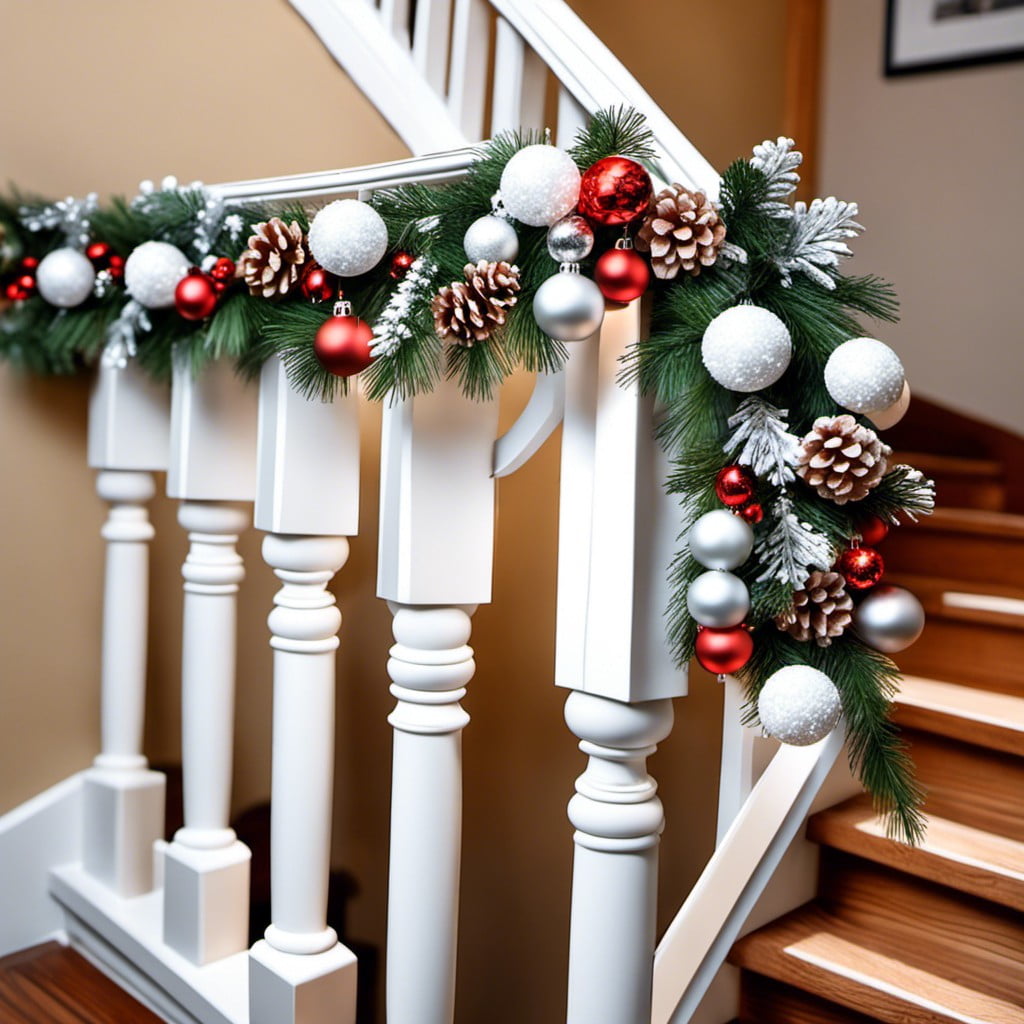 white garlands adorning the staircase railing