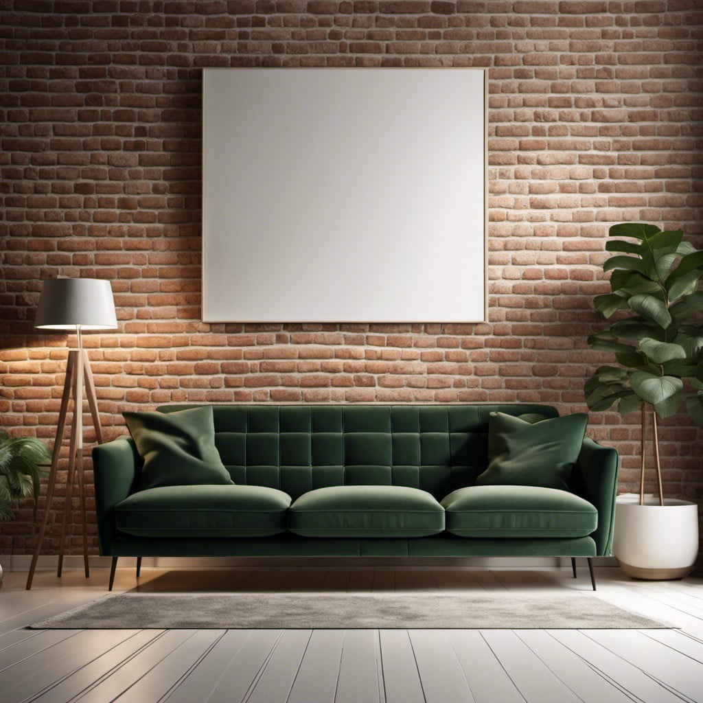 whitewashed brick wall against a dark green couch