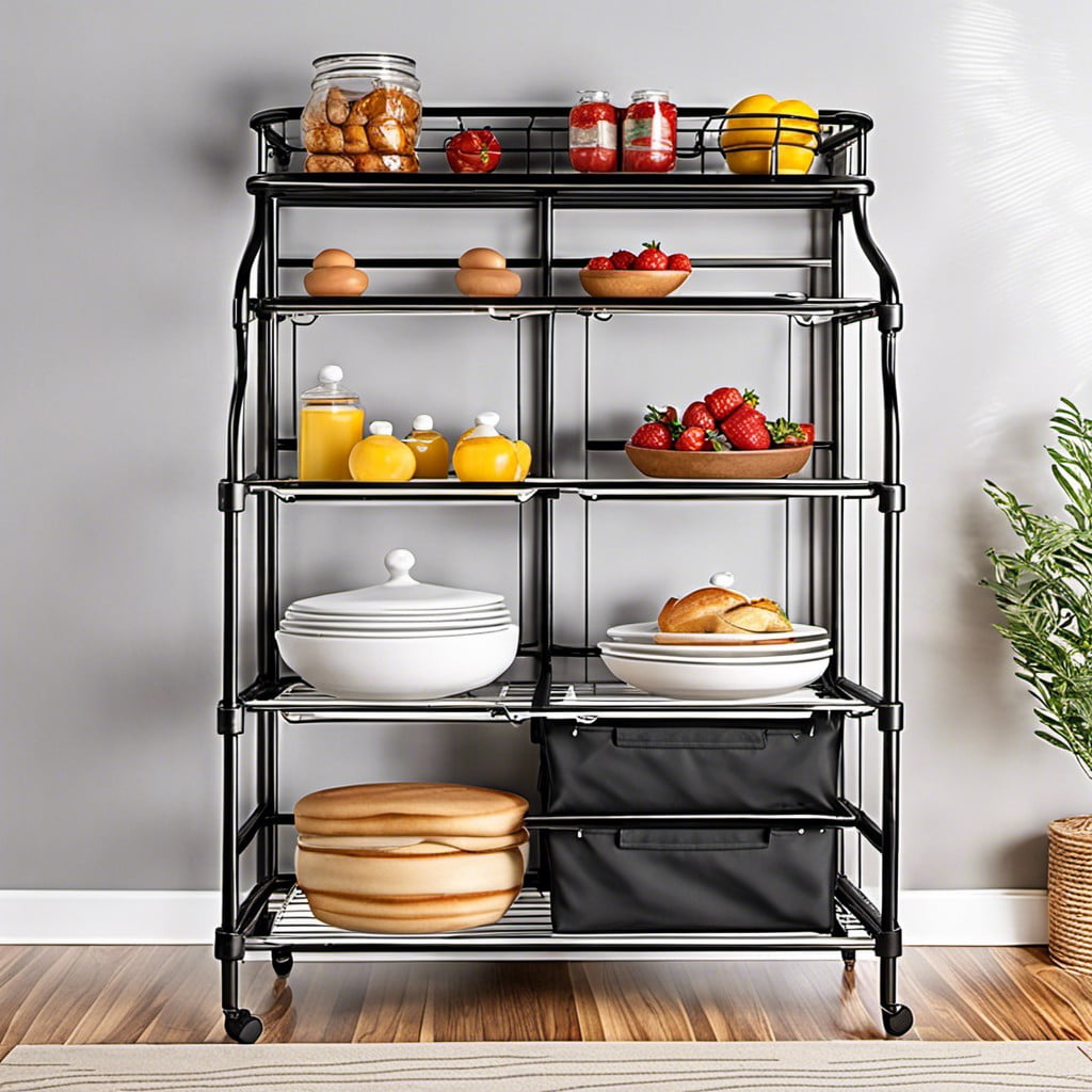 a bakers rack with attachabledetachable plastic side racks for added storage