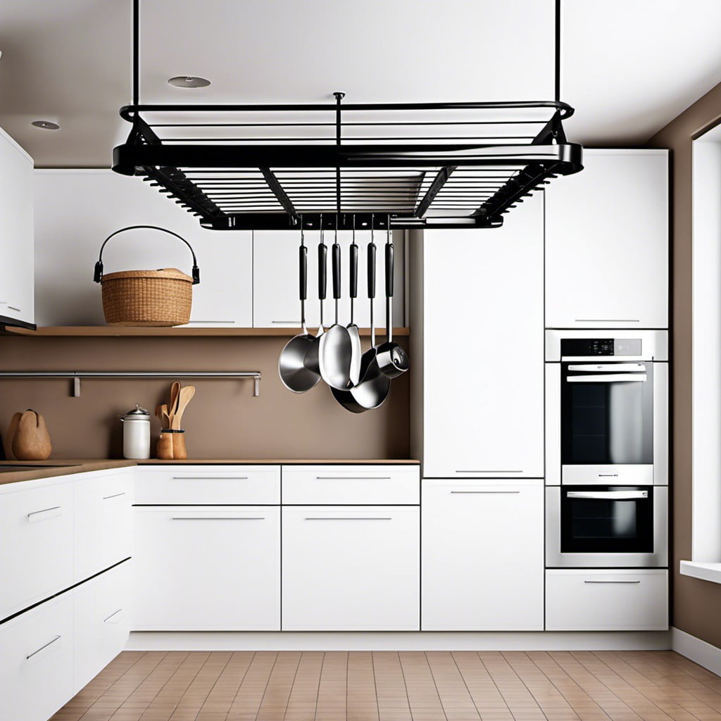 a ceiling hanging plastic bakers rack for minimalist kitchens