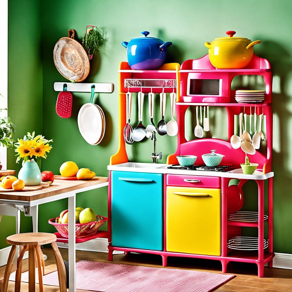 a colourful funky plastic bakers rack that adds a pop of colour to any kitchen