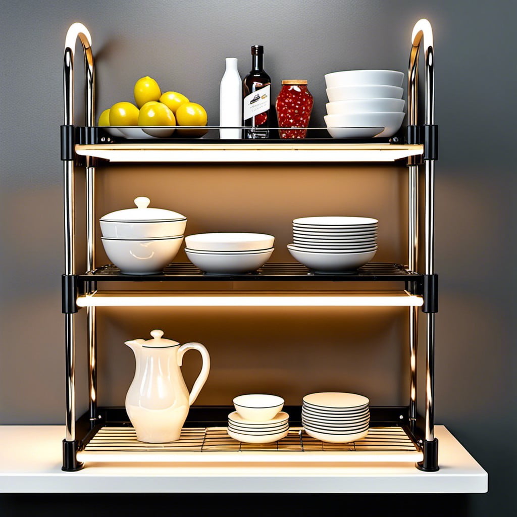 a contemporary plastic bakers rack with led lit shelves light and functional