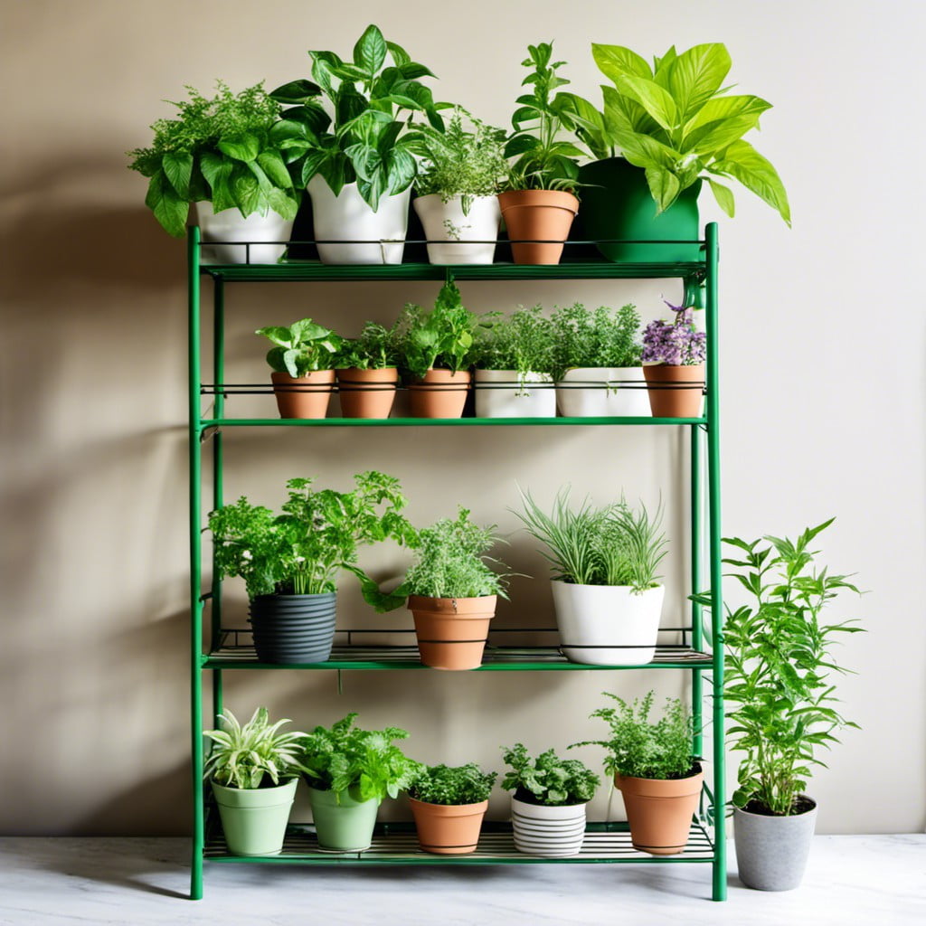 a green bakers rack featuring inbuilt plant pots for herb growth