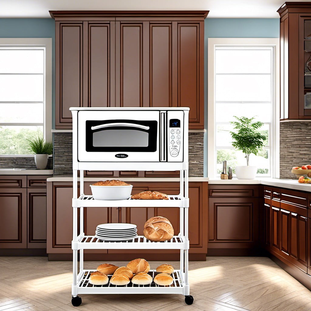 a plastic bakers rack with a built in breadbox compartment