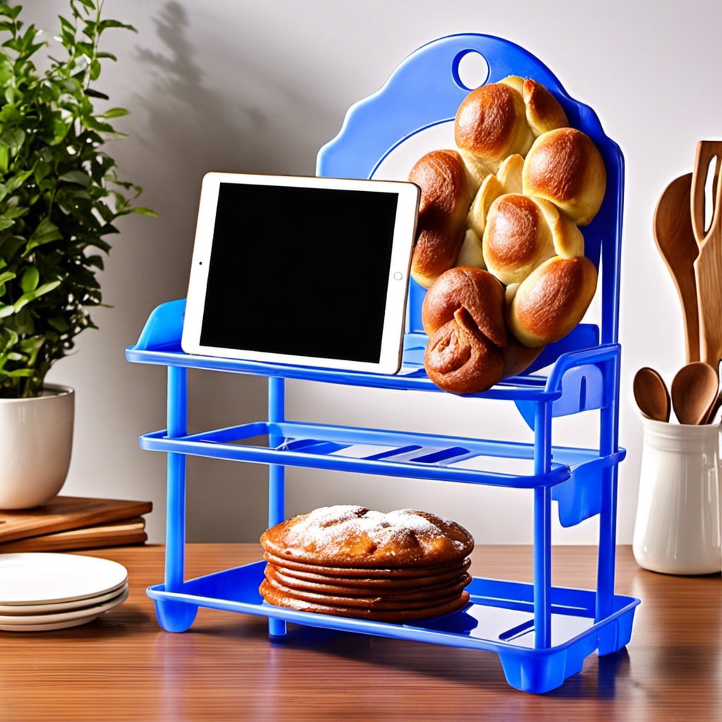 a plastic bakers rack with a built in tablet holder for easy recipe follow