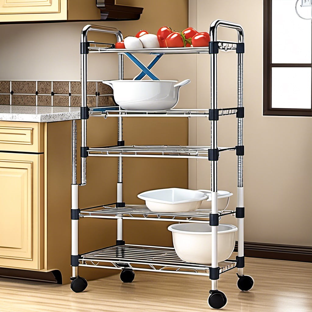 a plastic bakers rack with a slide away storage system