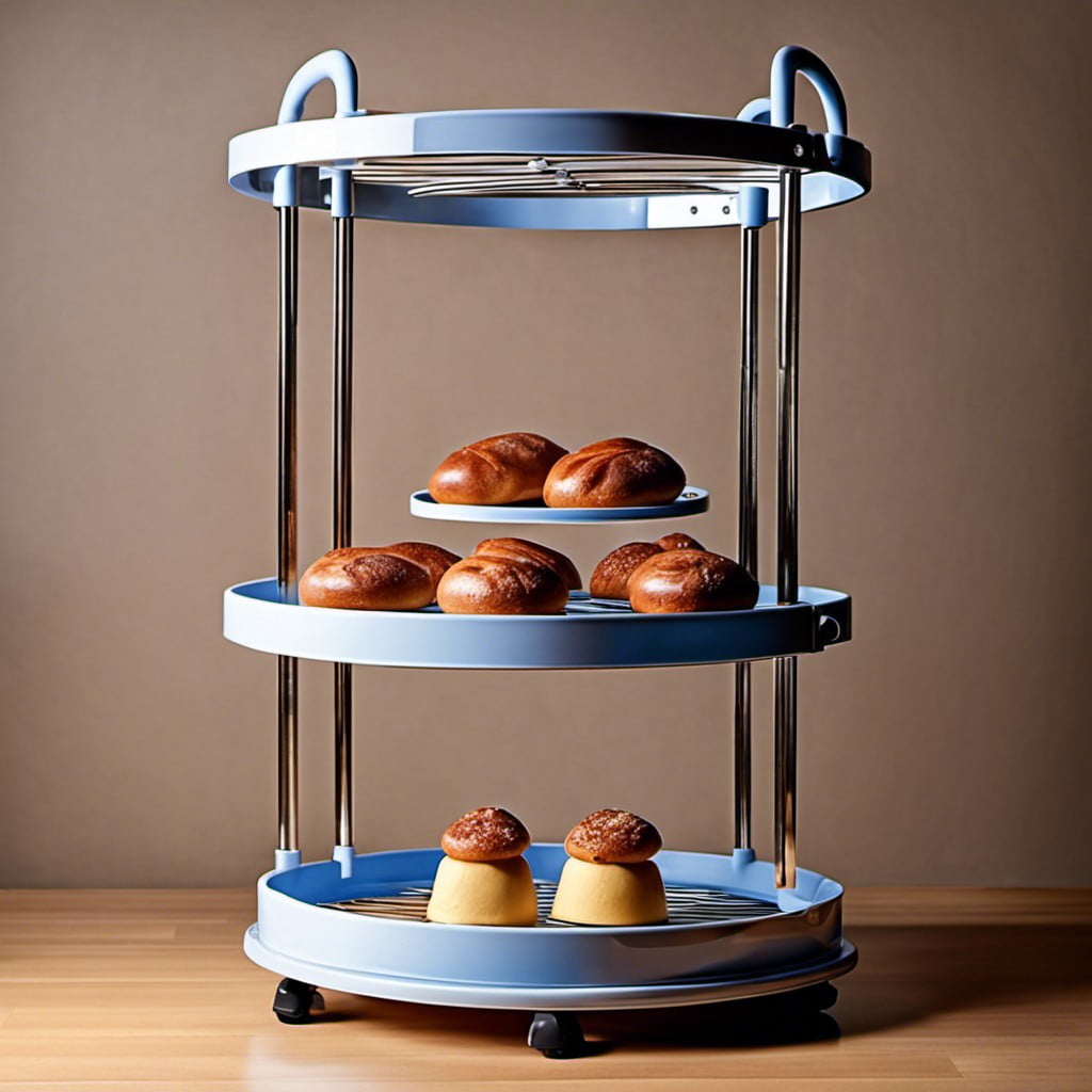 a rotating circular plastic bakers rack for easy item access