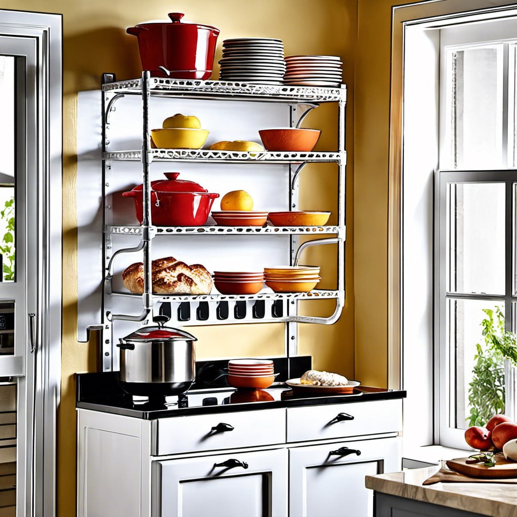 a wall mounted plastic bakers rack to save floor space