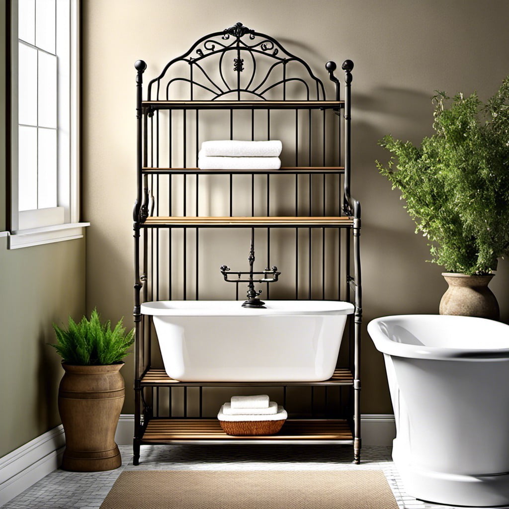 antique bakers racks as bathroom decor