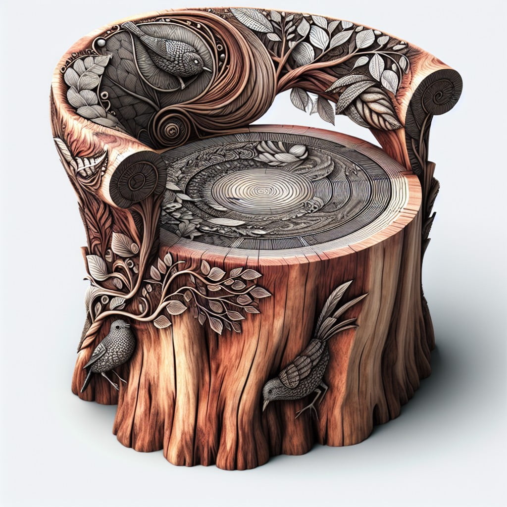 artistic tree stump chair with nature motifs