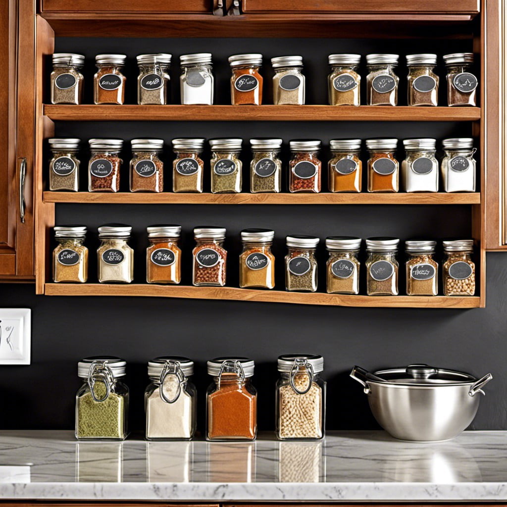 backsplash spice rack with chalkboard labels