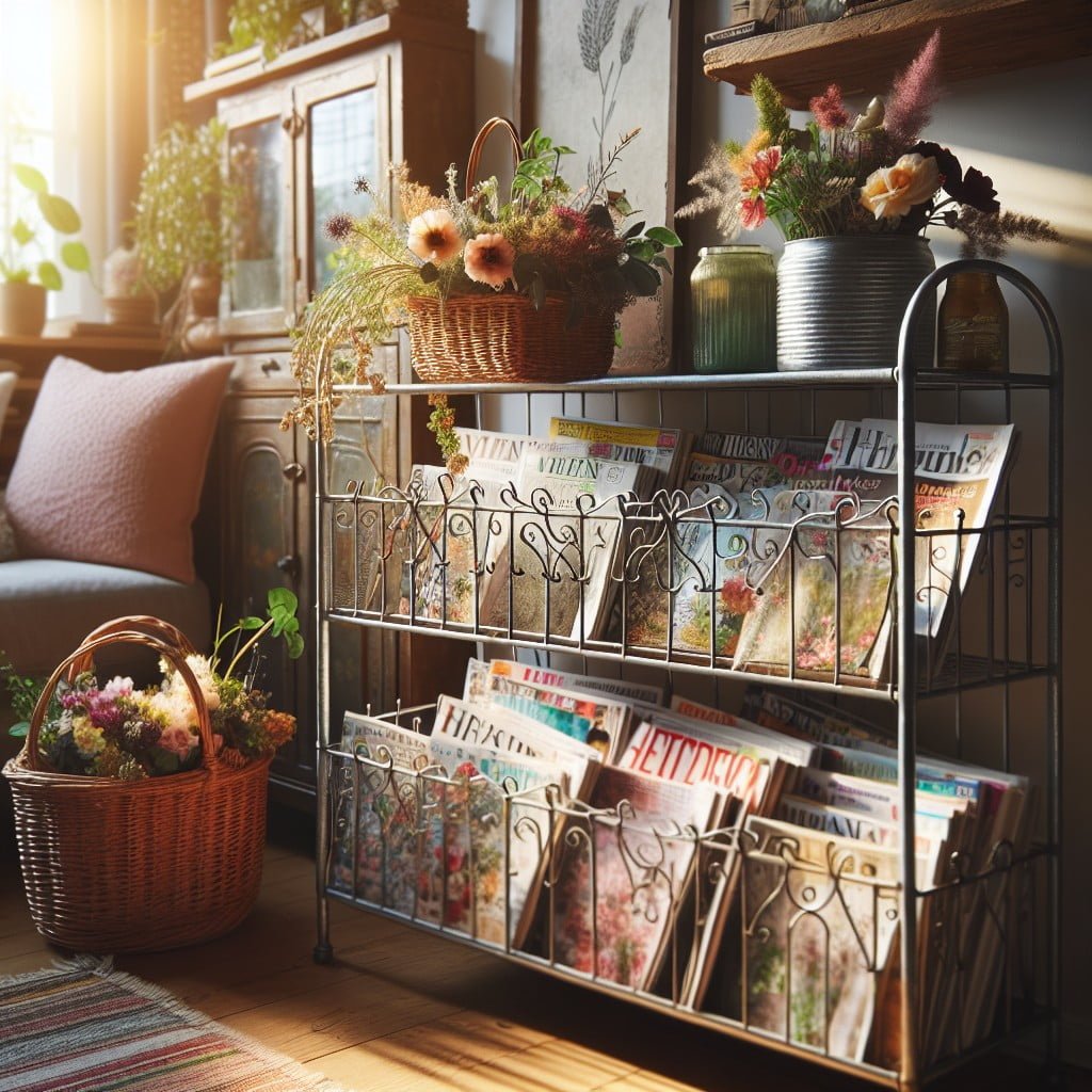 bakers rack as a magazine and newspaper stand