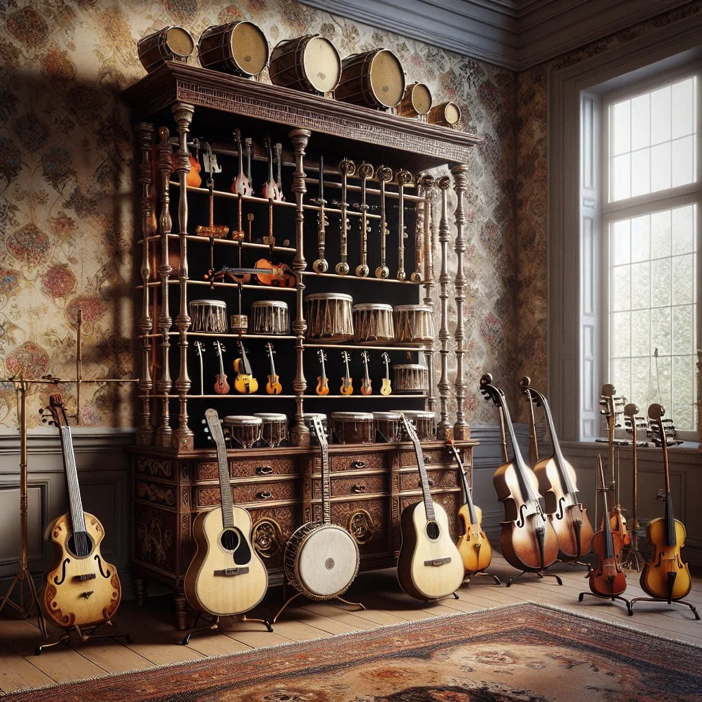 bakers rack as music instrument holder