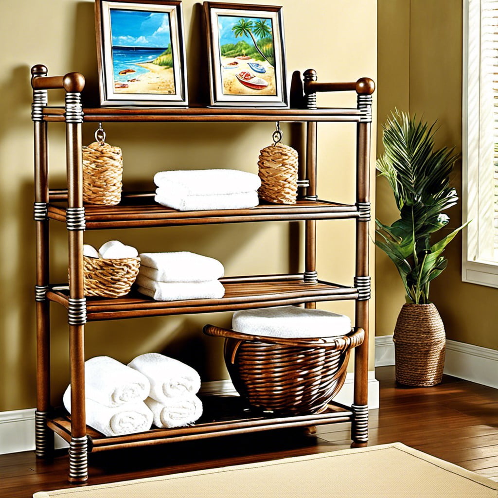 beach themed bathroom bakers rack ideas