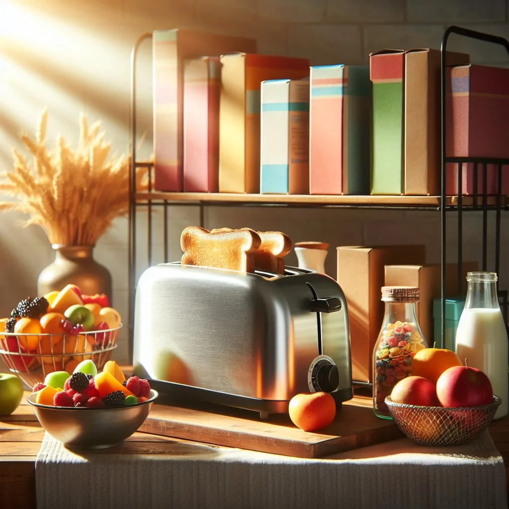 breakfast station with toaster and cereals