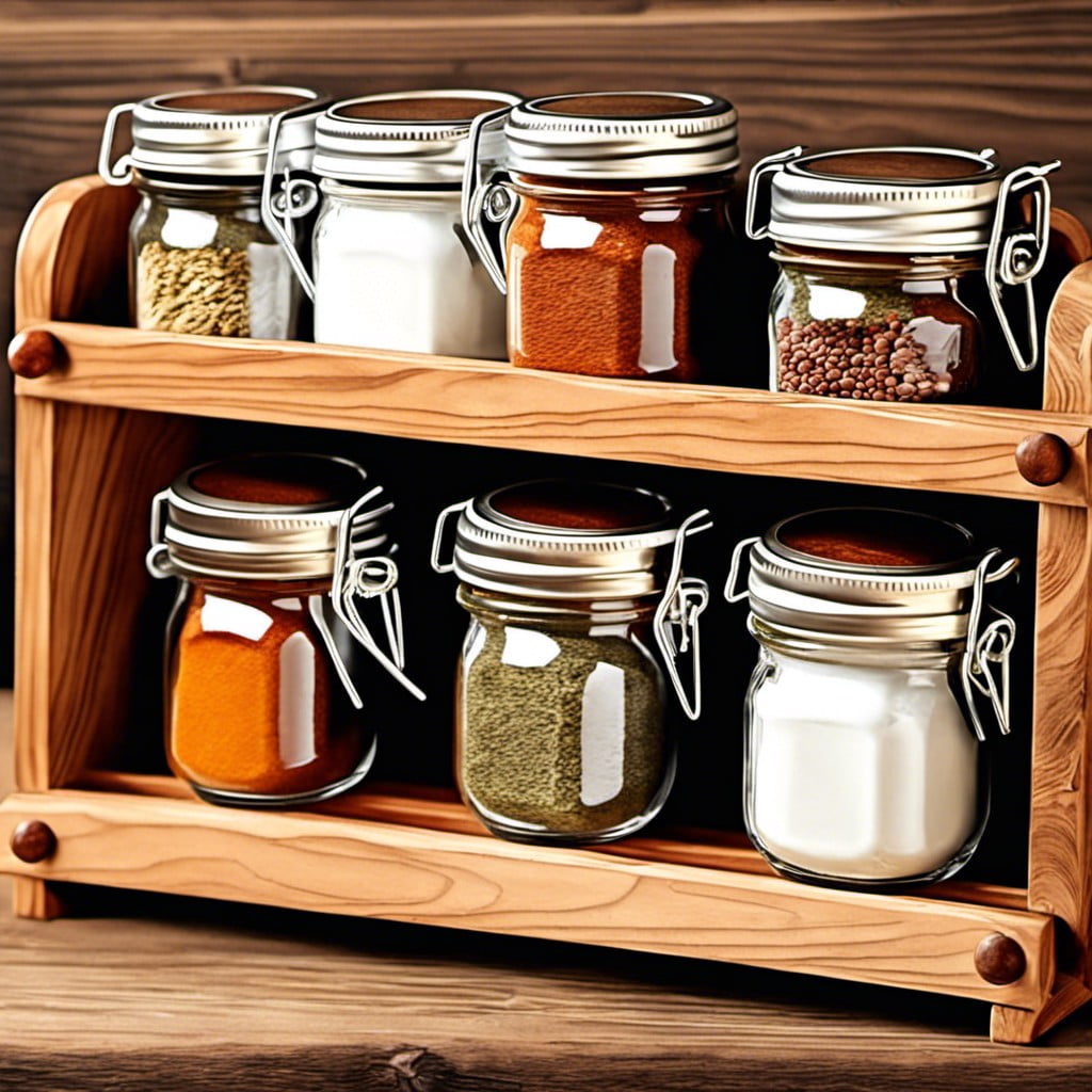 compact rustic spice rack with mason jars