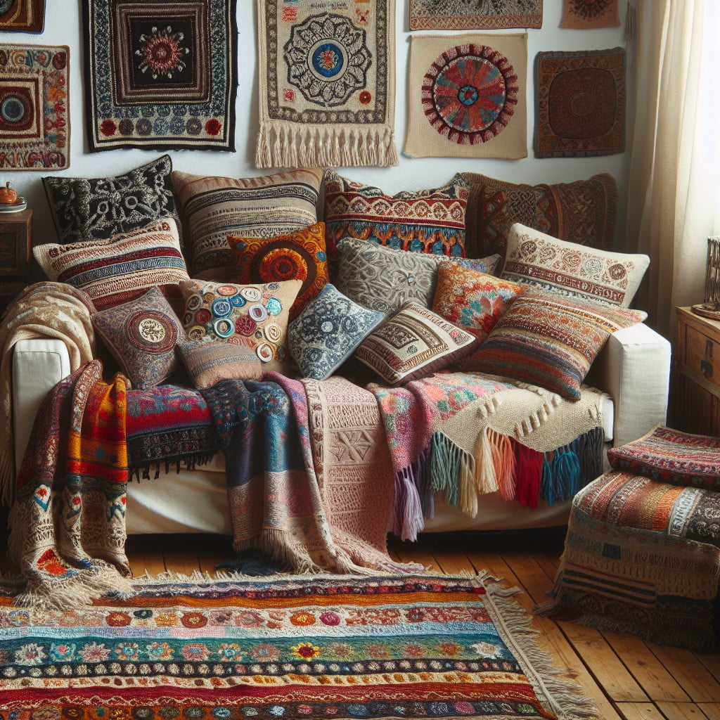 cover your sofa with a mix of embroidered and printed throw blankets