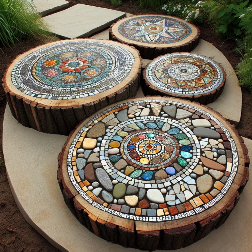 creating a mosaic on tree stump stepping stones