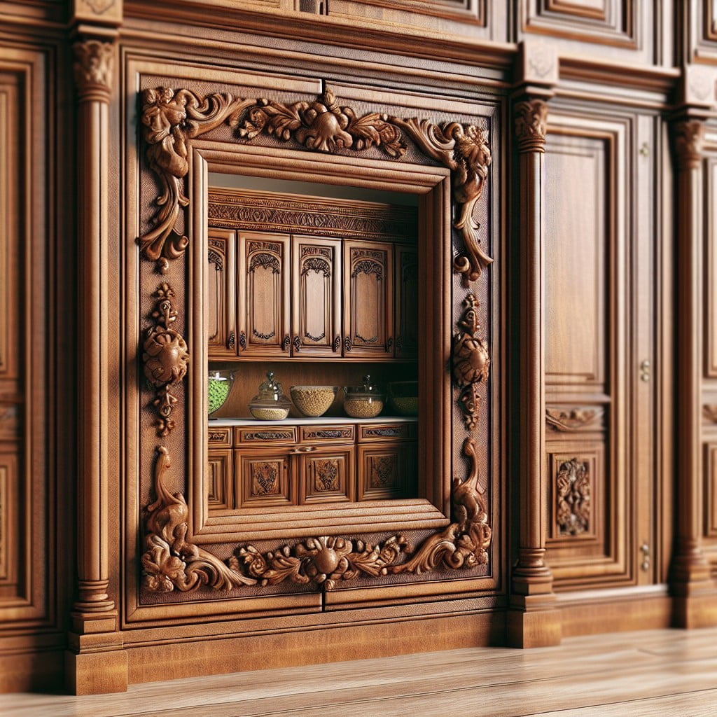 custom carved vintage wood pantry door with glass insert