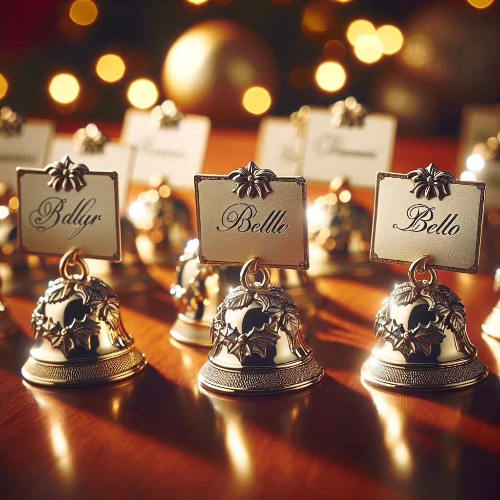 customized jingle bell place card holders with patrons initial
