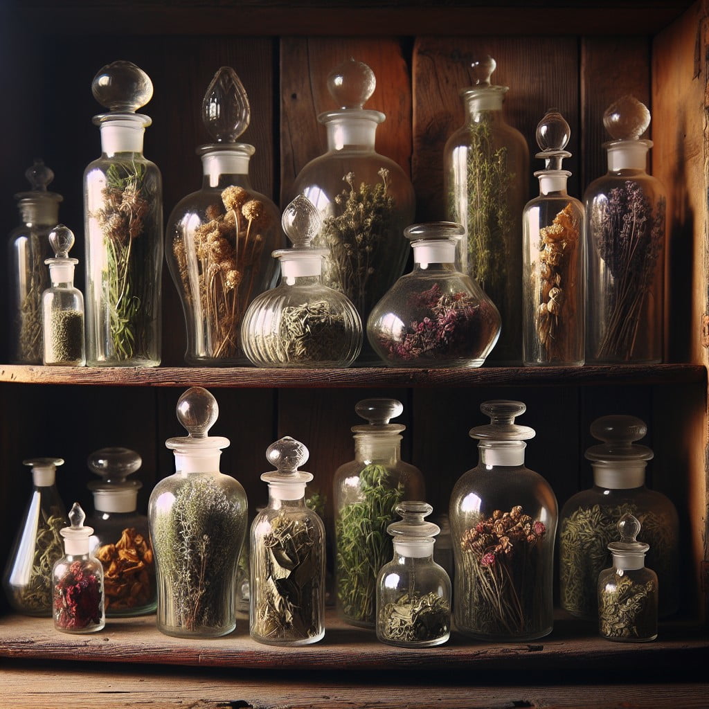 dried herb display using old glass bottles