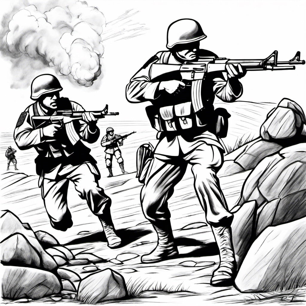 easy step by step drawing of soldiers in battle and coloring page