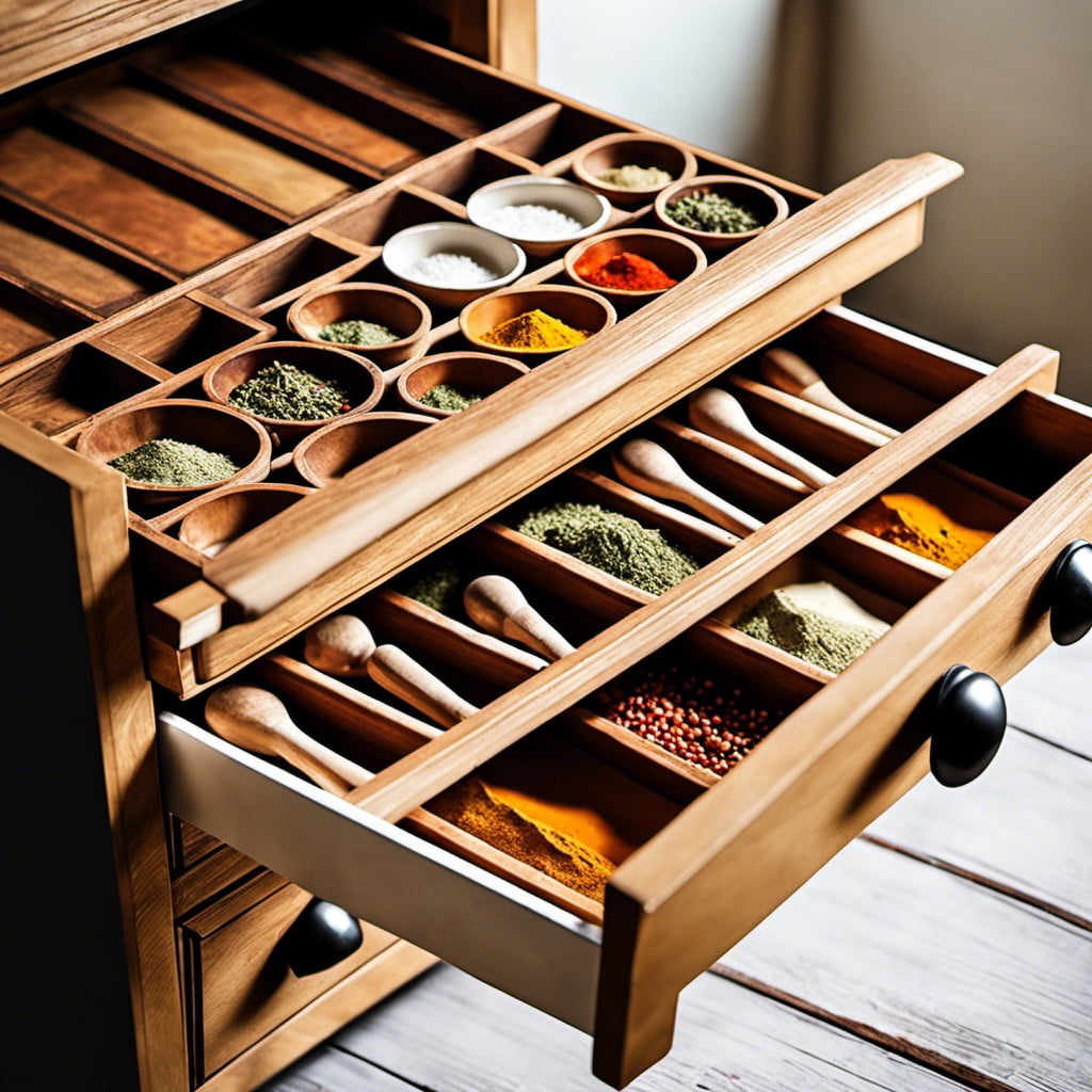 farmhouse style wooden spice drawer