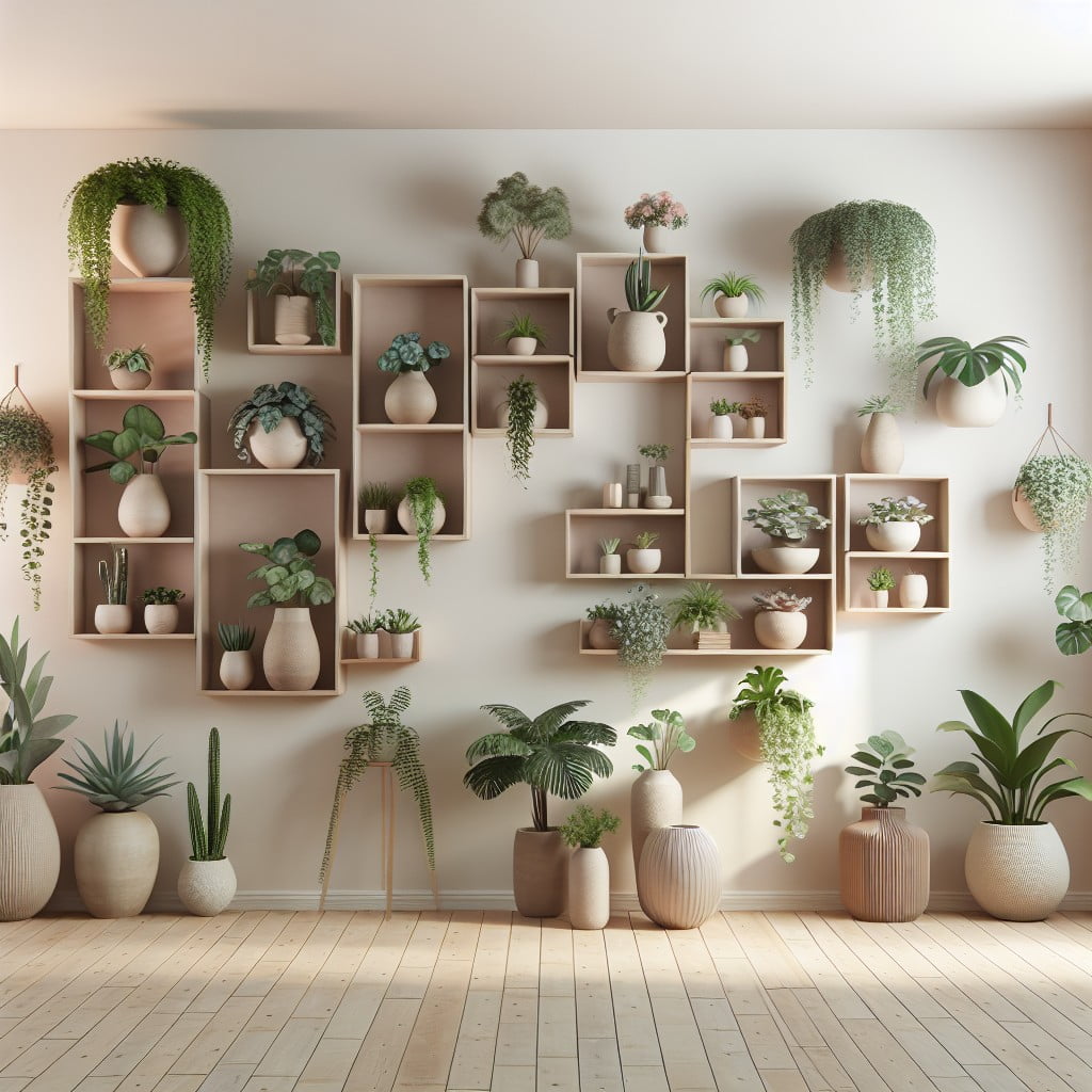 hang floating shelves with a variety of potted plants