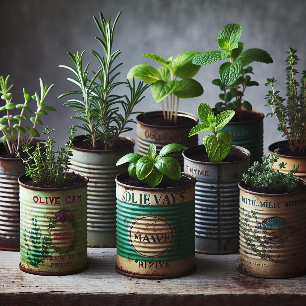 herb reserve with old olive cans