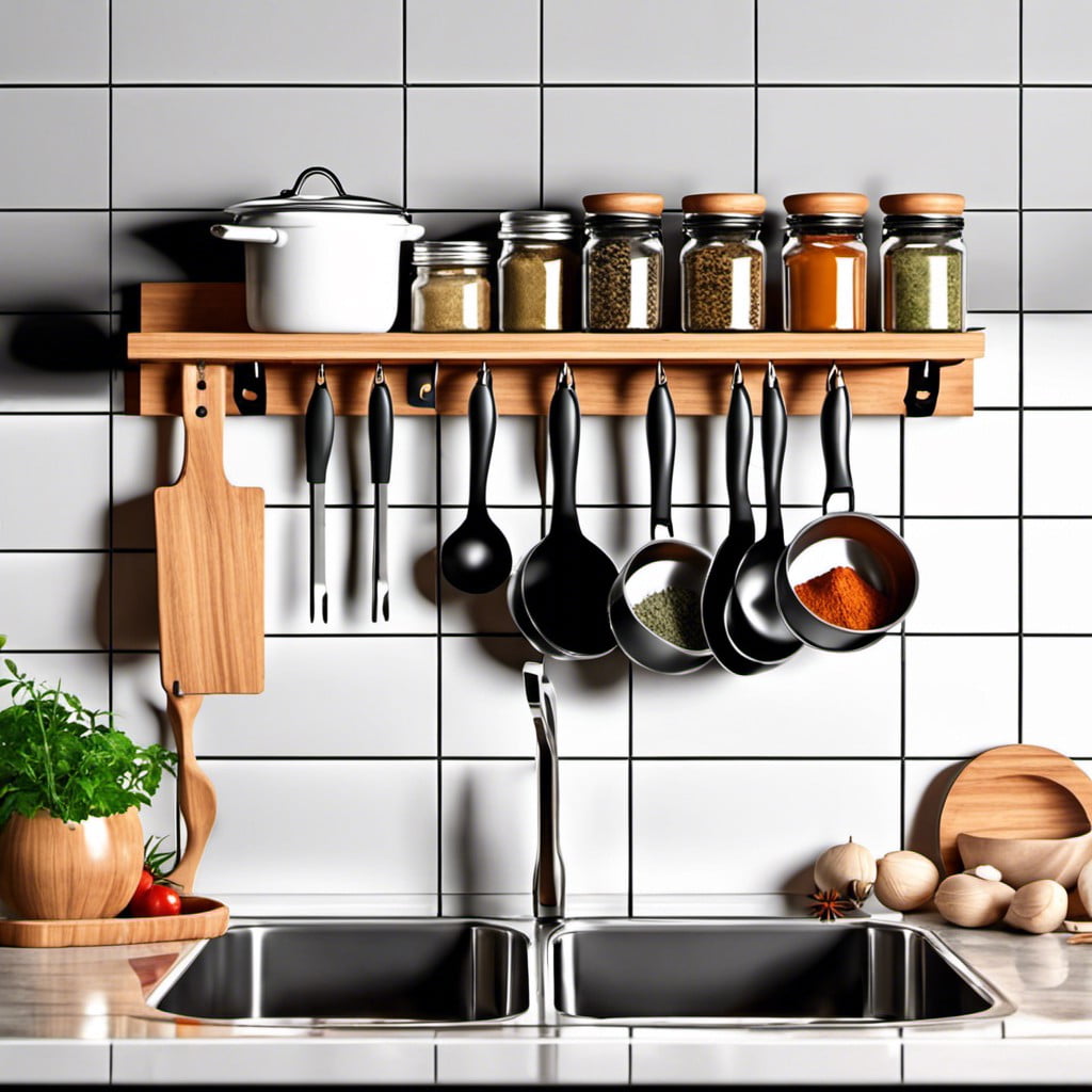 multipurpose spice rack with hooks for utensils