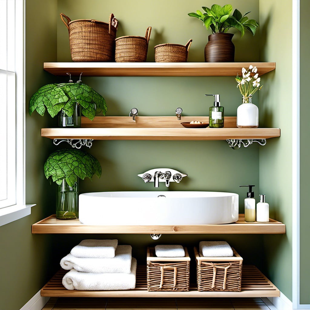 nature inspired bathroom bakers rack ideas