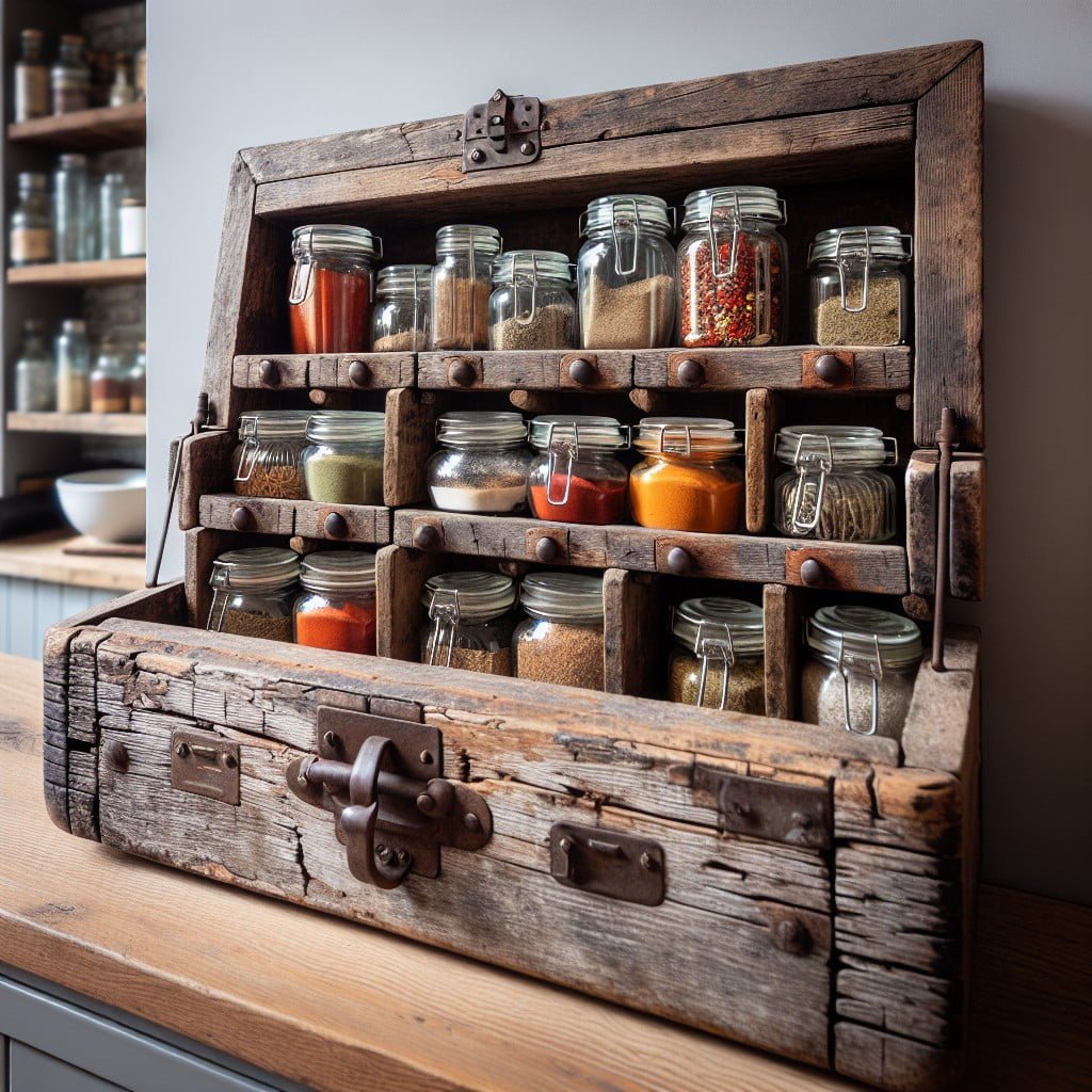 old wooden toolbox spice rack