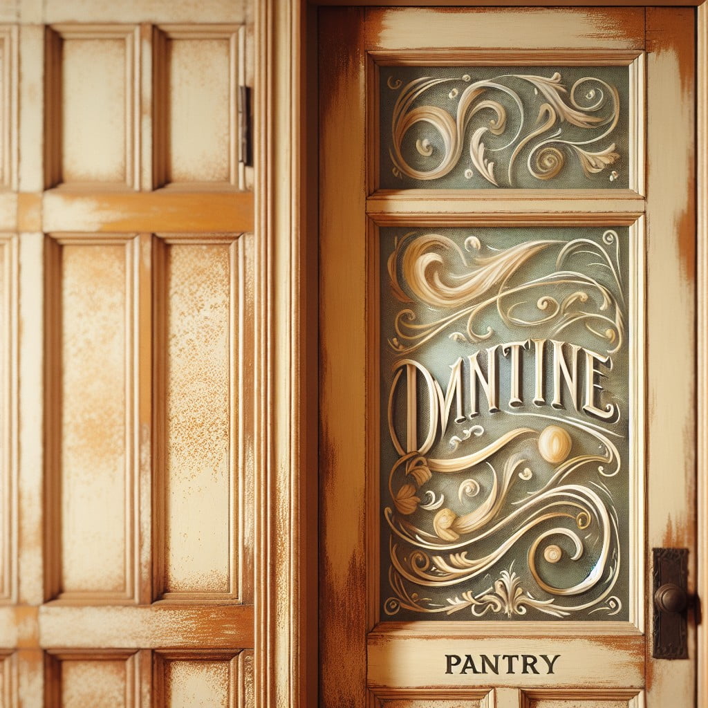 painted glass vintage pantry door with calligraphy