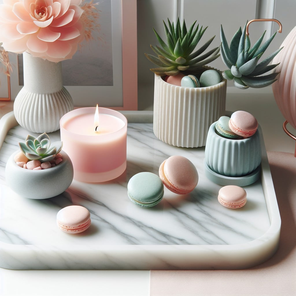 pastel colored decor on a marble tray