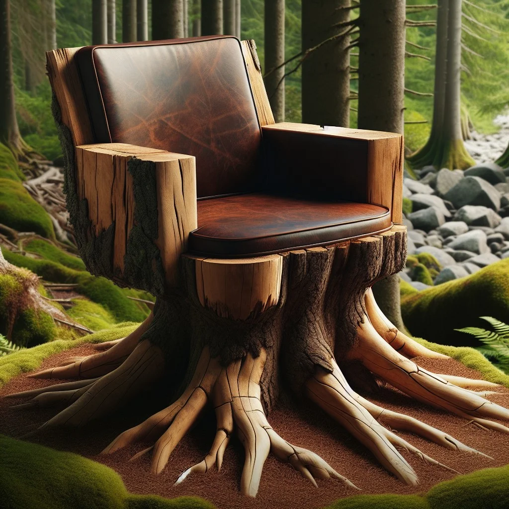 reclaimed tree stump chair with leather seat