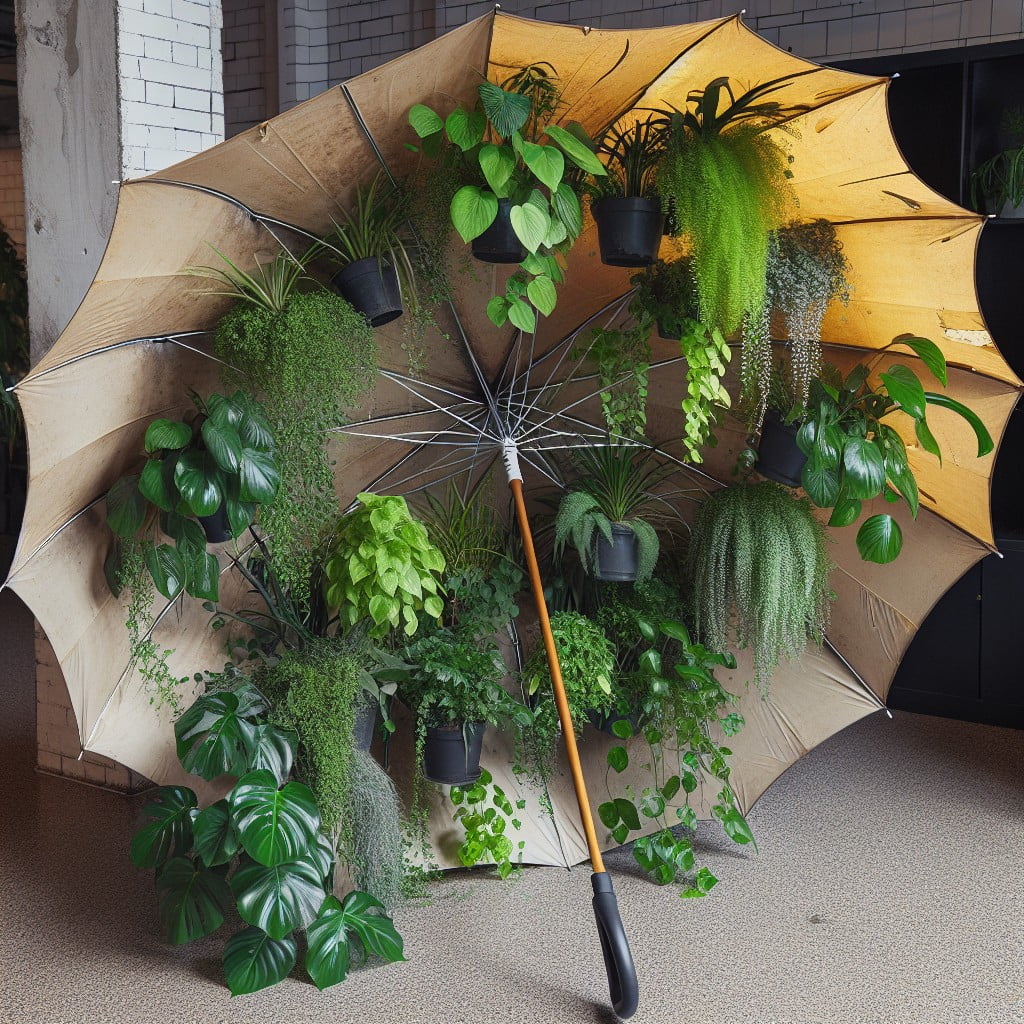 repurpose a broken umbrella to a plant holder