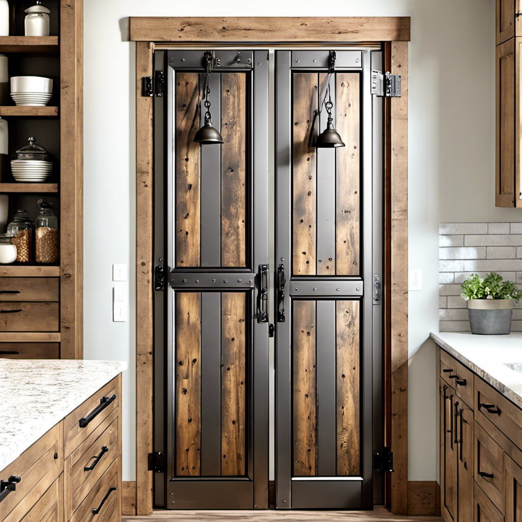 rustic bi fold pantry doors with aged metal hardware