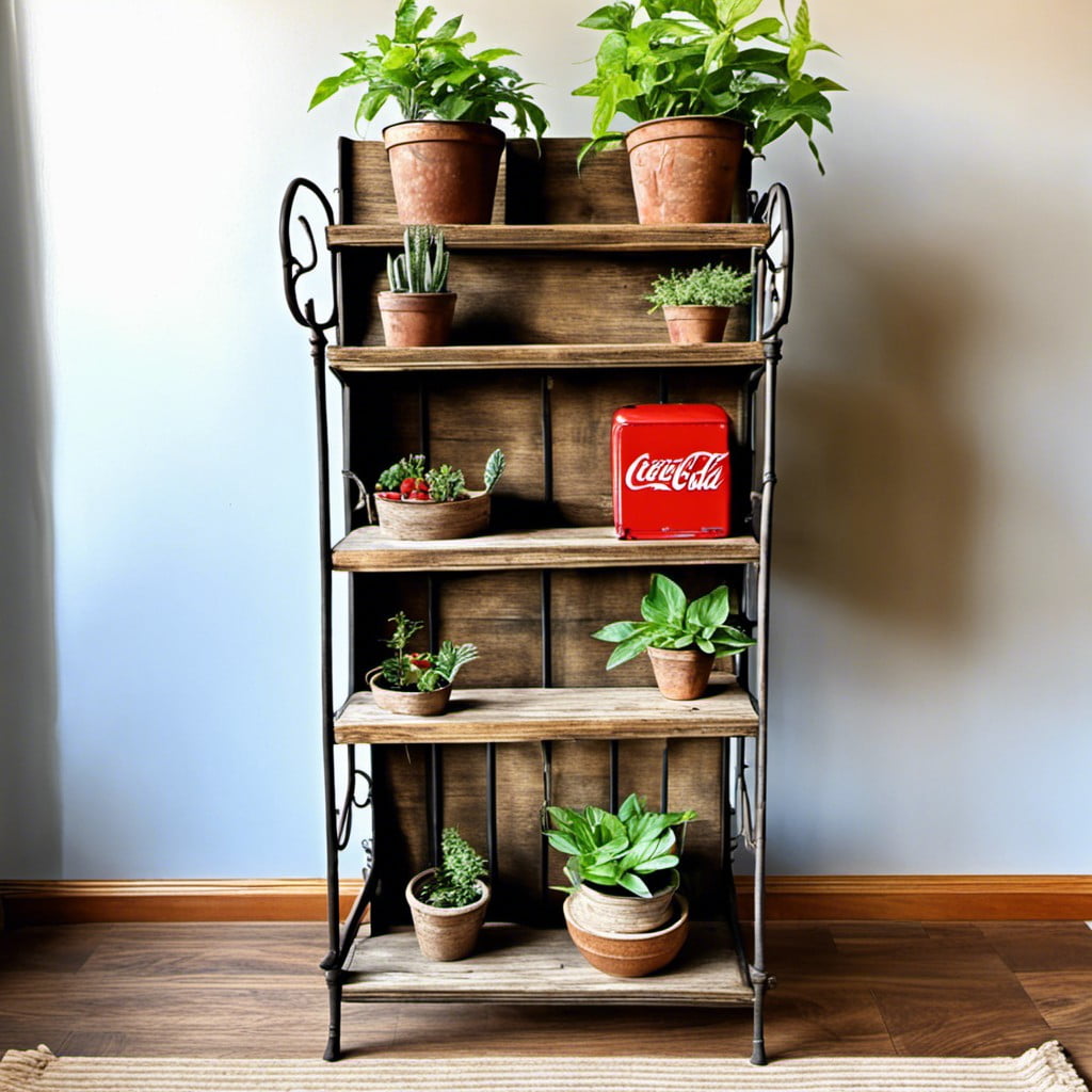 rustic coca cola bakers rack plant stand
