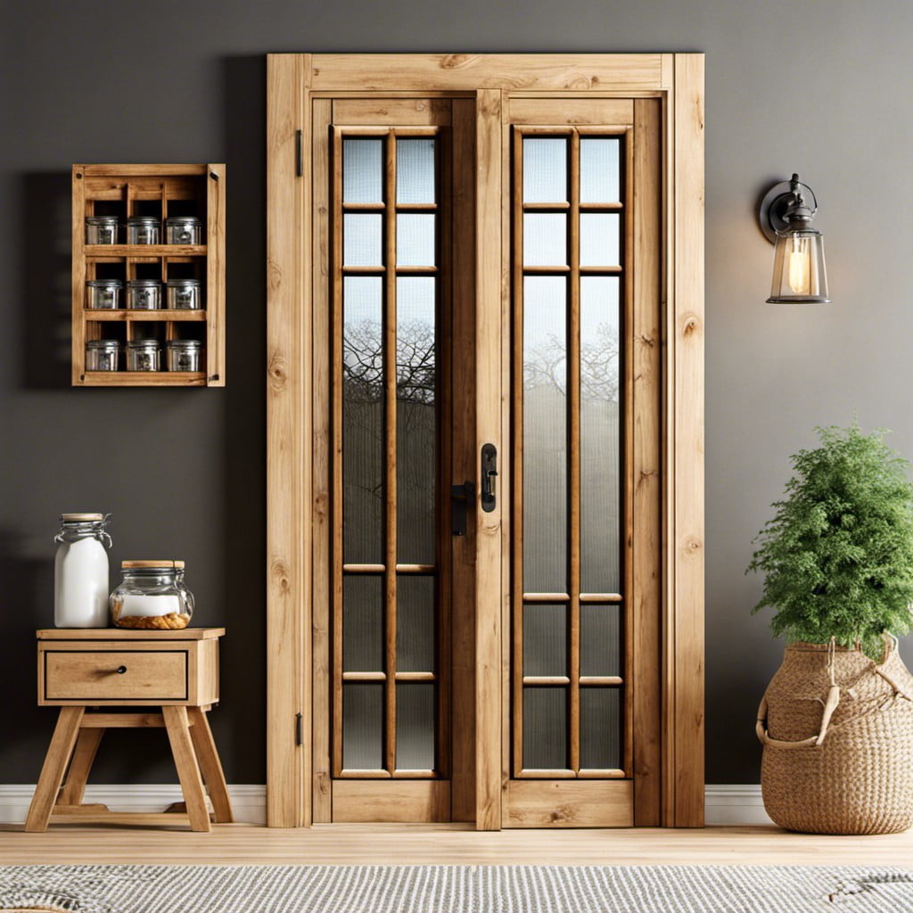 rustic glass pane pantry door with wooden lattice