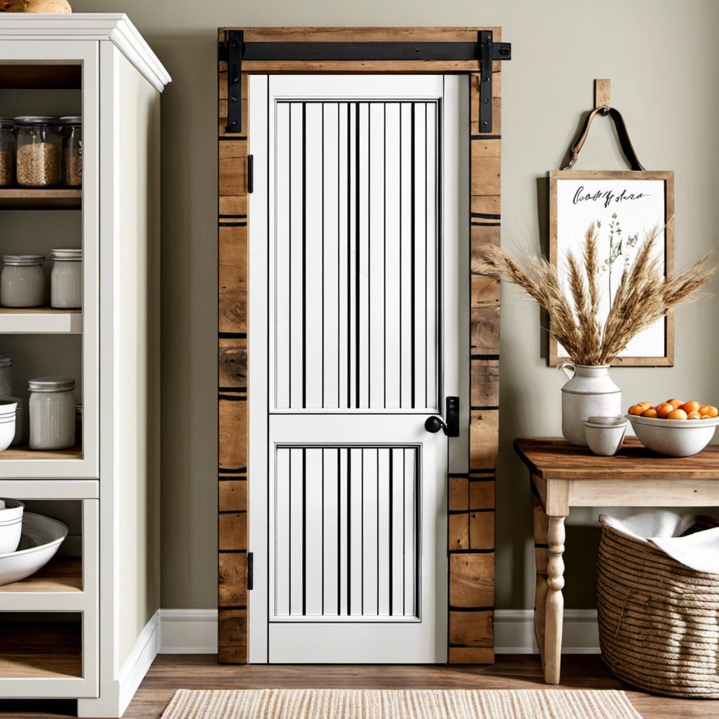 rustic pantry door with grainsack stripe detail