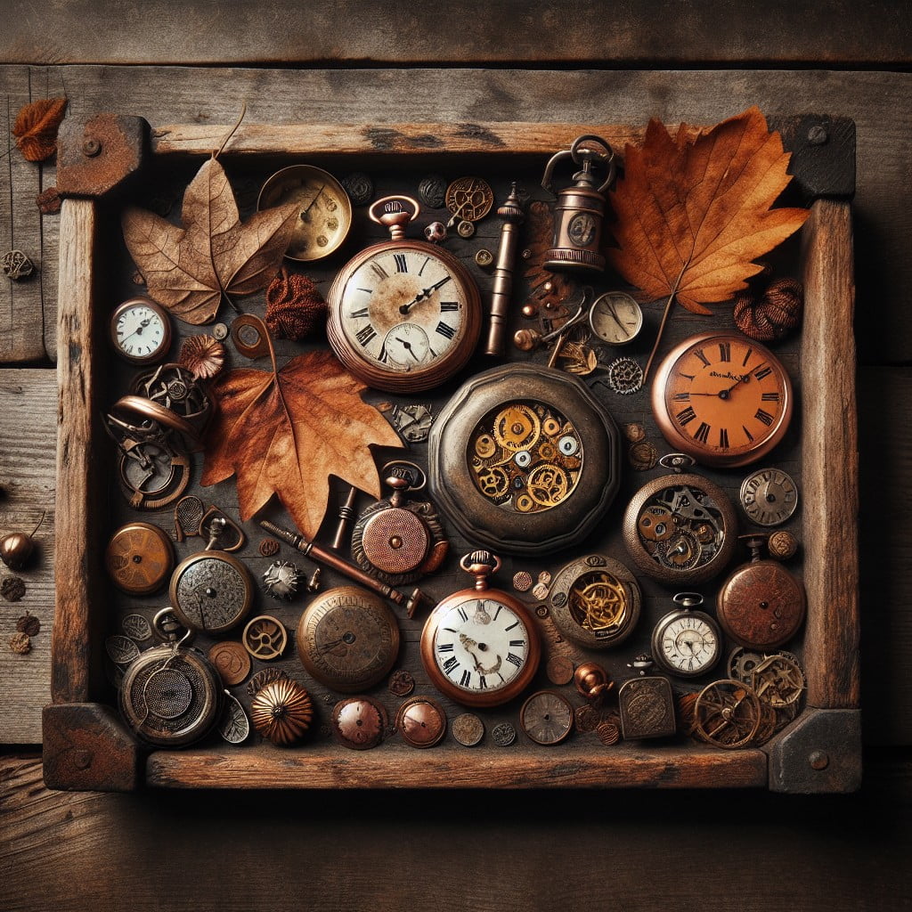 rustic tray display with antique pocket watches